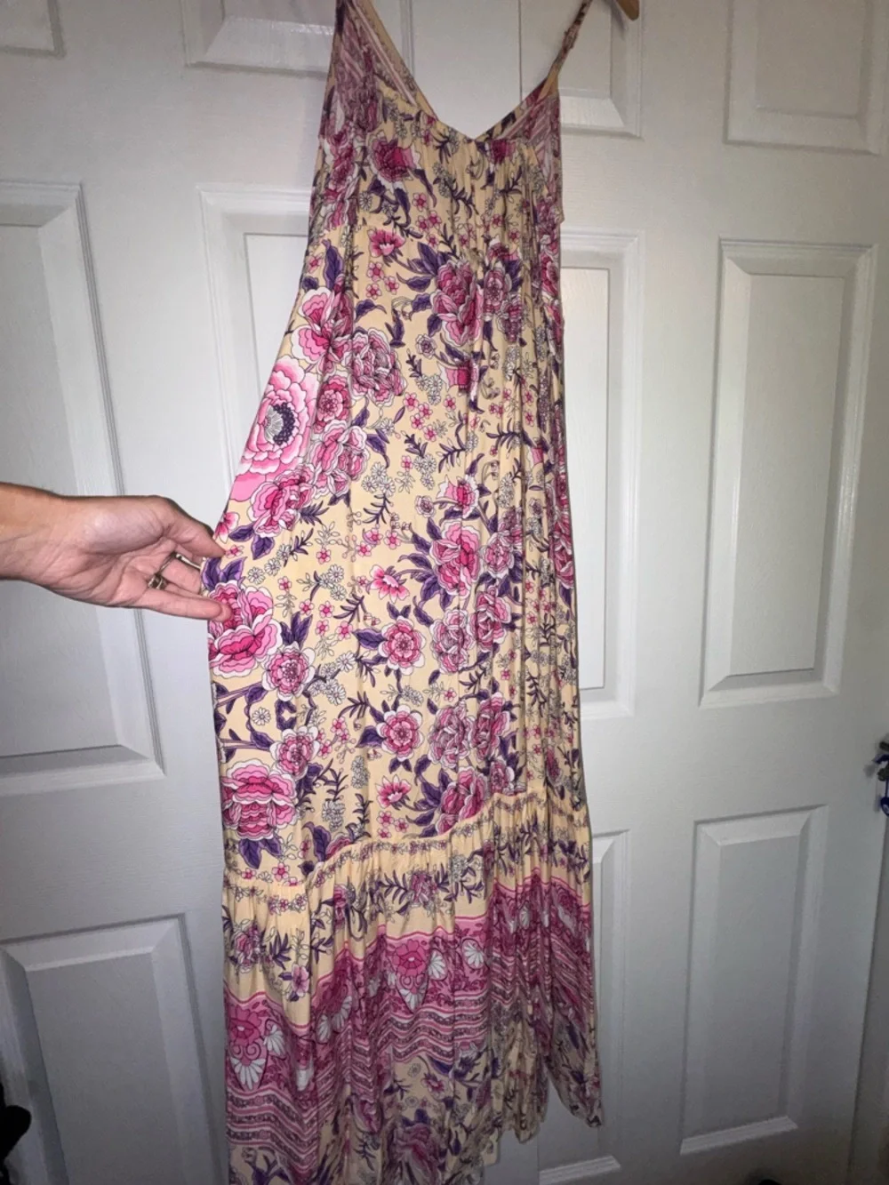 Rusttydustty Floral Boho Maxi Dress Pink Beige V-Neck Tassel Tie Size S - Picture 7 of 9